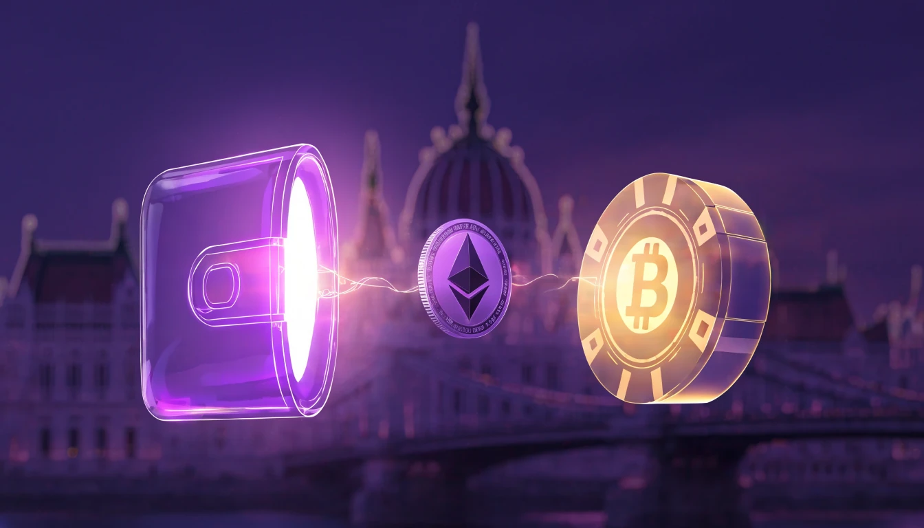 Ethereum érme utazása kriptotárcából kaszinó egyenlegre, Budapest hangulatos háttérrel.