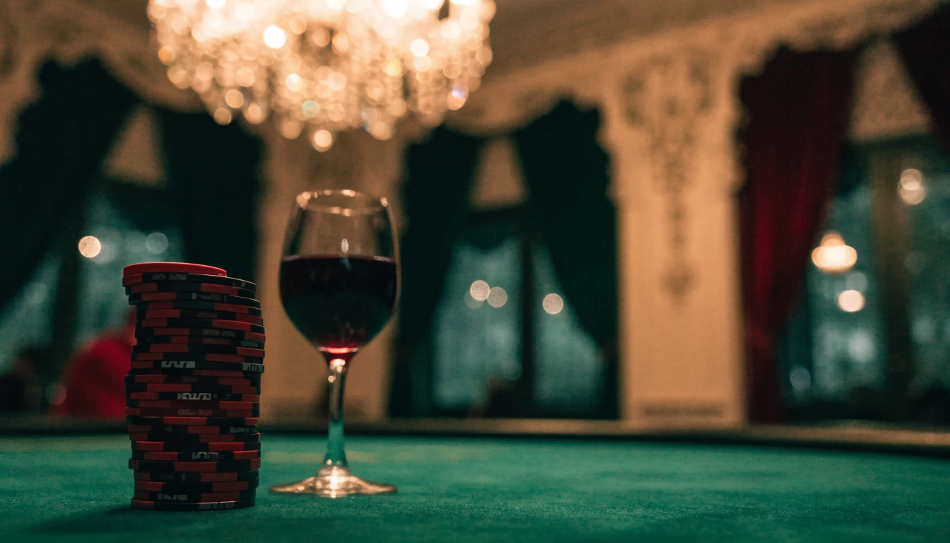 Exkluzív high roller kaszinó asztal zsetonokkal és borral Budapest elegáns belső terében