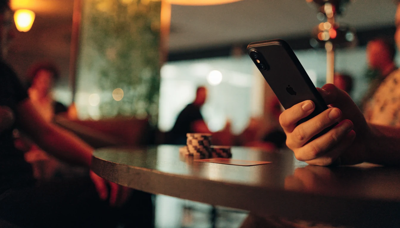 Kézben tartott iPhone elegáns kaszinó hangulatú szobában, zsetonokkal és kártyával